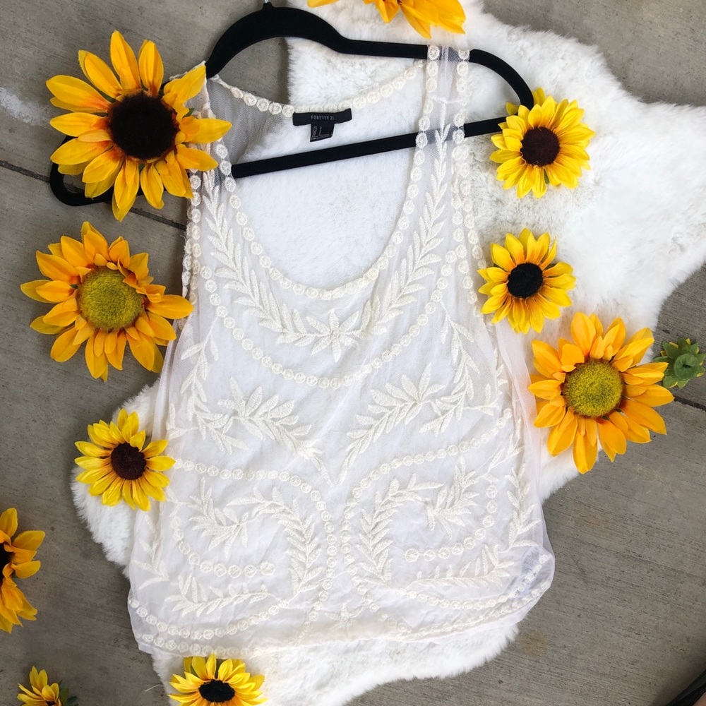 Forever 21 Sheer Mesh Embroidered Sleeveless Top